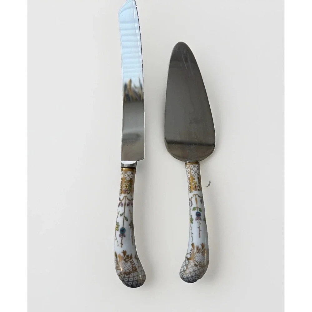 VTG Sheffield Cake Server Knife Set Hand Painted Floral Motif Porcelain Gold
